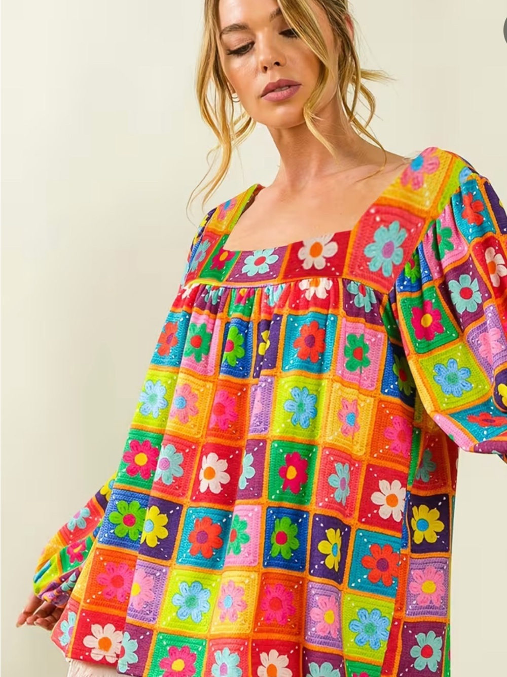 Colorful Floral Patchwork Square-Neck Blouse - Multi - Picture 3 of 6